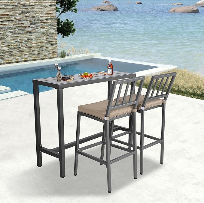 Outdoor Patio Bar Set, Bar Height Patio Dining Set, Weather-Resistant Bistro Counter Pub Set with Cushions & Slatted Tabletop for Backyard (Gray, 47" Table, 2 "I Style Stool)