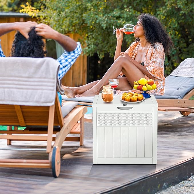 ZYJOYY 33 Gallon Resin Deck Box, Weatherproof Outdoor Storage Box for Patio, Garden and Yard, Lockable Waterproof Bin for Tools, Cushions, and Accessories, White