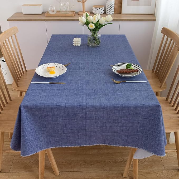 LIBERECOO Vinyl Tablecloth with Flannel Backing, Denim Blue, Waterproof, Stain-Resistant, Easy-Clean Table Cover for Dining, Kitchen, and Outdoor Use, 60" x 102" Rectangle