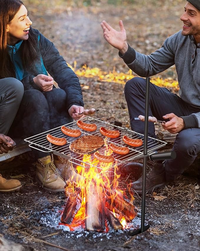 Gonex Portable Campfire Grill Grate for Fire Pit Foldable Stainless Steel Grill Height Adjustable Camping Cooking Equipment for RV Outdoor Backyard BBQ Courtyard 15.35"x18.3"