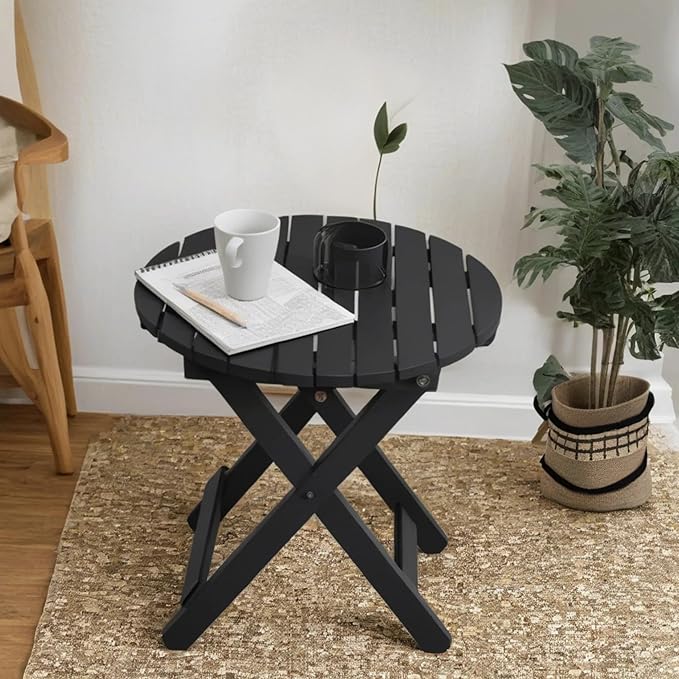 Small Round Folding Side Table Set of 2, Patio Foldable Wooden End Tables for Outdoor Indoor Porch Camping Living Room Bedside Couch, as Coffee Table or Plant Stand, Black