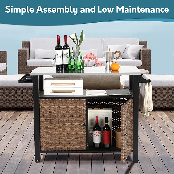 Patio Grill Cart with Wicker Storage, Outdoor Kitchen Island Serving Cart with Stainless Steel Table Top, Outdoor Prep Table and Rolling Wheels, for BBQ, Patio, Brown
