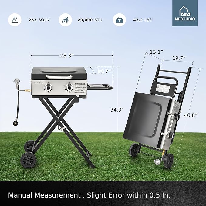 MFSTUDIO Small Portable Propane Griddle, 2 In 1 Gas BBQ Travel Grill with Foldable Stand, Compact and Light Countertop Grills with 2 Burners and Side Table, for Outdoor Cooking, Camping and Roadtrip