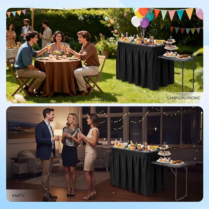 VINGLI Ice Table with Side Table, Portasble Cooler Table with Removable Skirt, Patio Table, Indoor & Outdoor Bar for Events, Parties and Camping Black