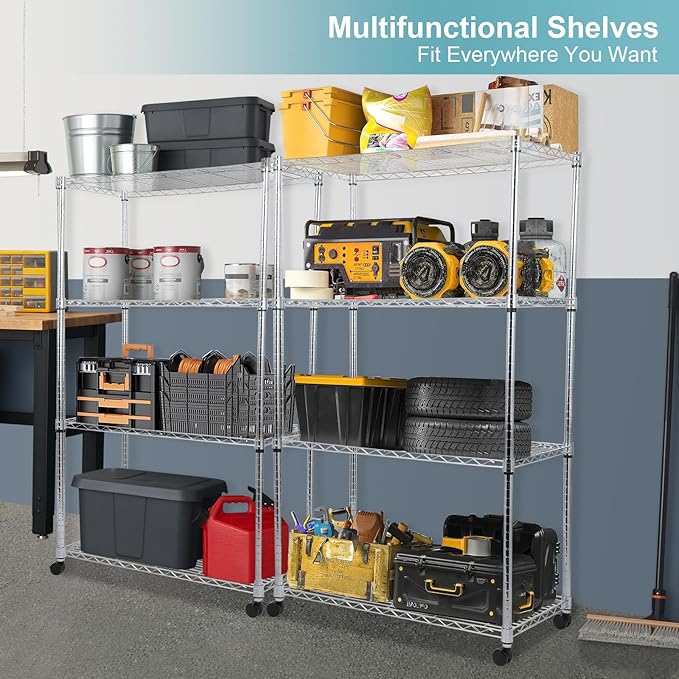 Whitmor 4 Tier Storage Shelves, Heavy Duty with Wheels, 400 lbs Capacity per Shelf, Max 1600 lbs Total, Adjustable Steel Organizer for Garage, Kitchen, Bathroom, 36" L x 18" W x 59" H, Chrome