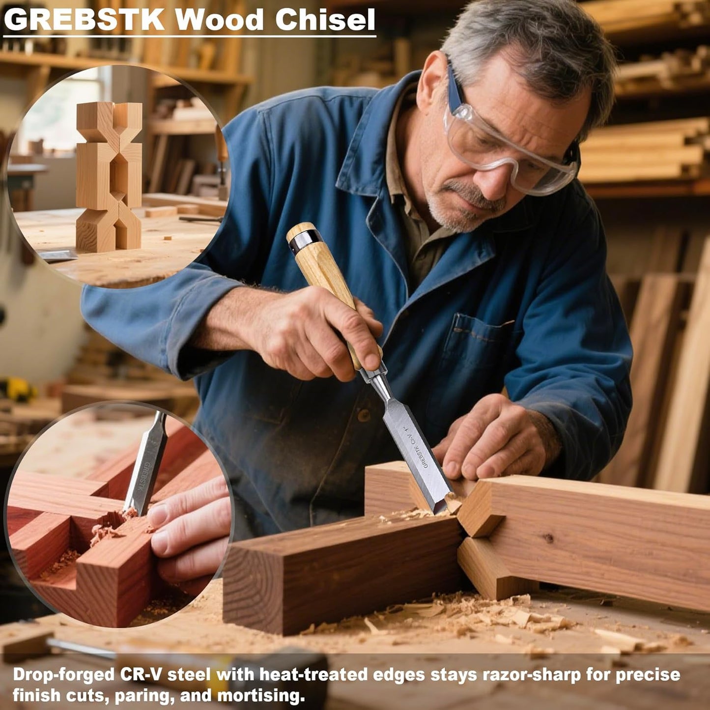 GREBSTK 4 Pcs Wood Chisel Set, CRV Steel Bevel Sharp Edge Bench Chisels with Safety Caps, Comfortable Oversized Solid Wood Handle, for Woodworking and DIY Projects, 11"x(1/4", 1/2", 3/4", 1")