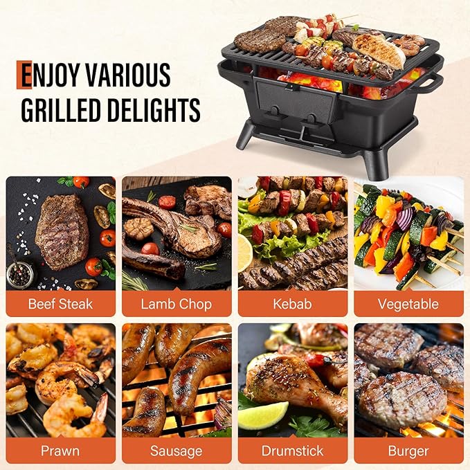 Hibachi Grill Outdoor, Portable Mini Charcoal Grill, Pre-Seasoned Cast Iron, Small Japanese Yakitori Tabletop Skillet Grill Stove for Outdoor Camping