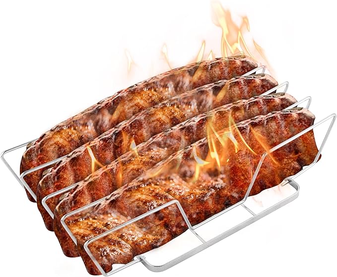 Rib Rack for Smoking – Foldable Extra Long Stainless Steel Rib Holder for 4 Ribs Upright – Fits 18" Smoker, Weber, Kamado, Traeger – BBQ Grill Accessories for Men & Meat Lovers