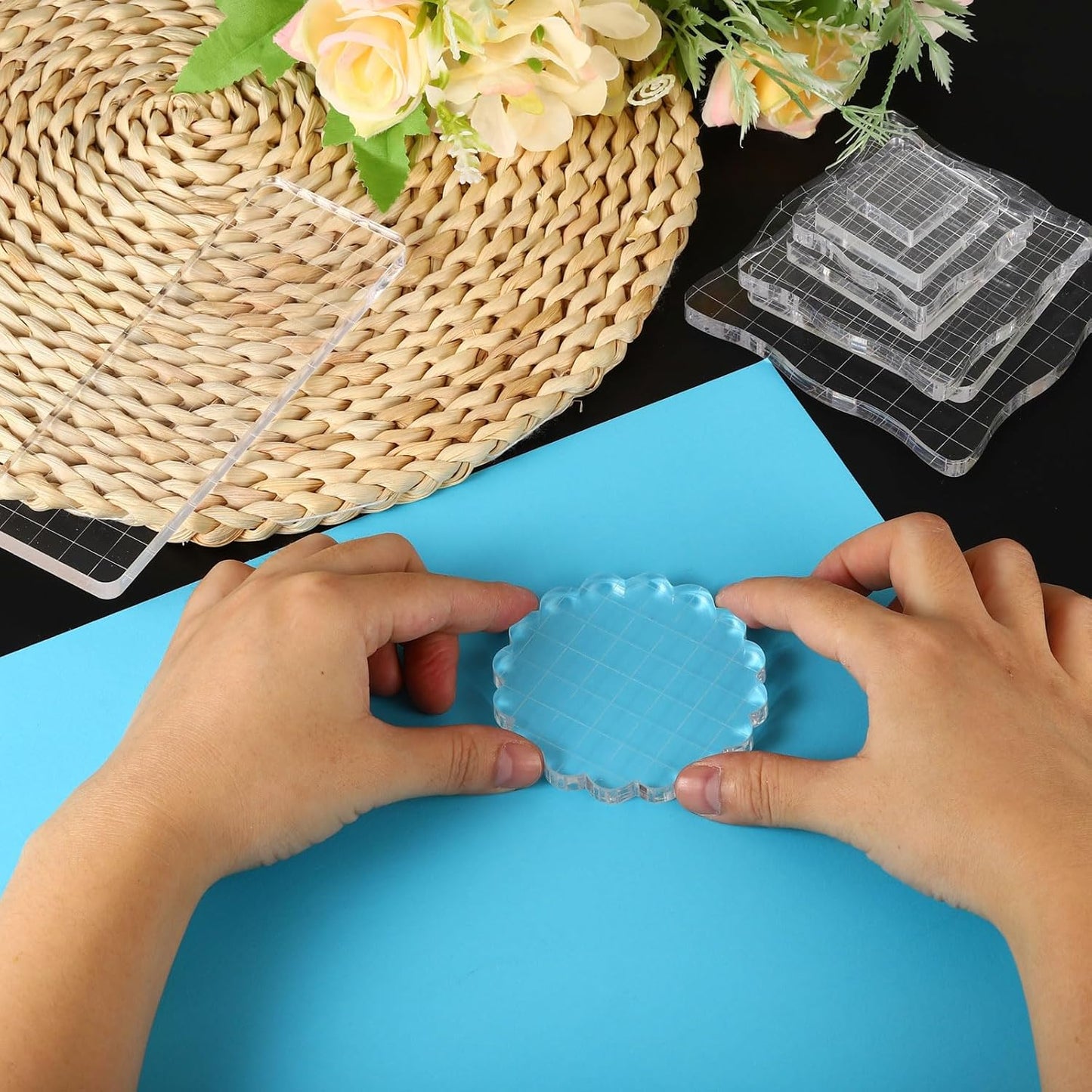 PATIKIL 6" x 5" Acrylic Stamp Block, Clear Stamping Block with Grid Lines Decorative Mounting Blocks Square for Scrapbooking DIY Crafts Card Making