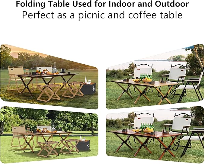 Folding Camping Table, 48Inch Lightweight Roll-Up Table Aluminum Low Portable Picnic Table with Carrying Bag for Outdoor, Beach, Picnic, Backyards, BBQ and Party Walnut Color