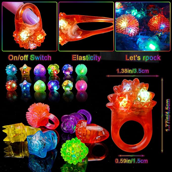 Valentines Day 200 Pcs Light Up Rings, New Year Glow In The Dark Party Supplies, 6 Style Flashing Glow In The Dark Rings for Adults & Kids, LED Ring for Birthday Party Favors, Concert, Raves, Halloween, Christmas
