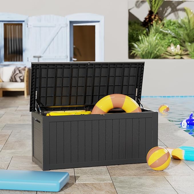 270 Gallon Deck Box, Resin Outdoor Indoor Waterproof Storage Box, Lockable Storage Box With Handle for Patio Furniture - Garden Tools - Swimming Pool Tools UV Resistant, Black