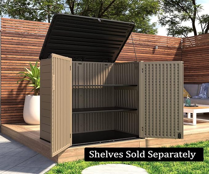 HOMSPARK Storage Shed Weather Resistance, Multi-Purpose Outdoor Storage Cabinet for Backyards and Patios, Horizontal Storage Shed for Lawnmower, Patio Accessories (Coffee,Large - 48 cu.ft)