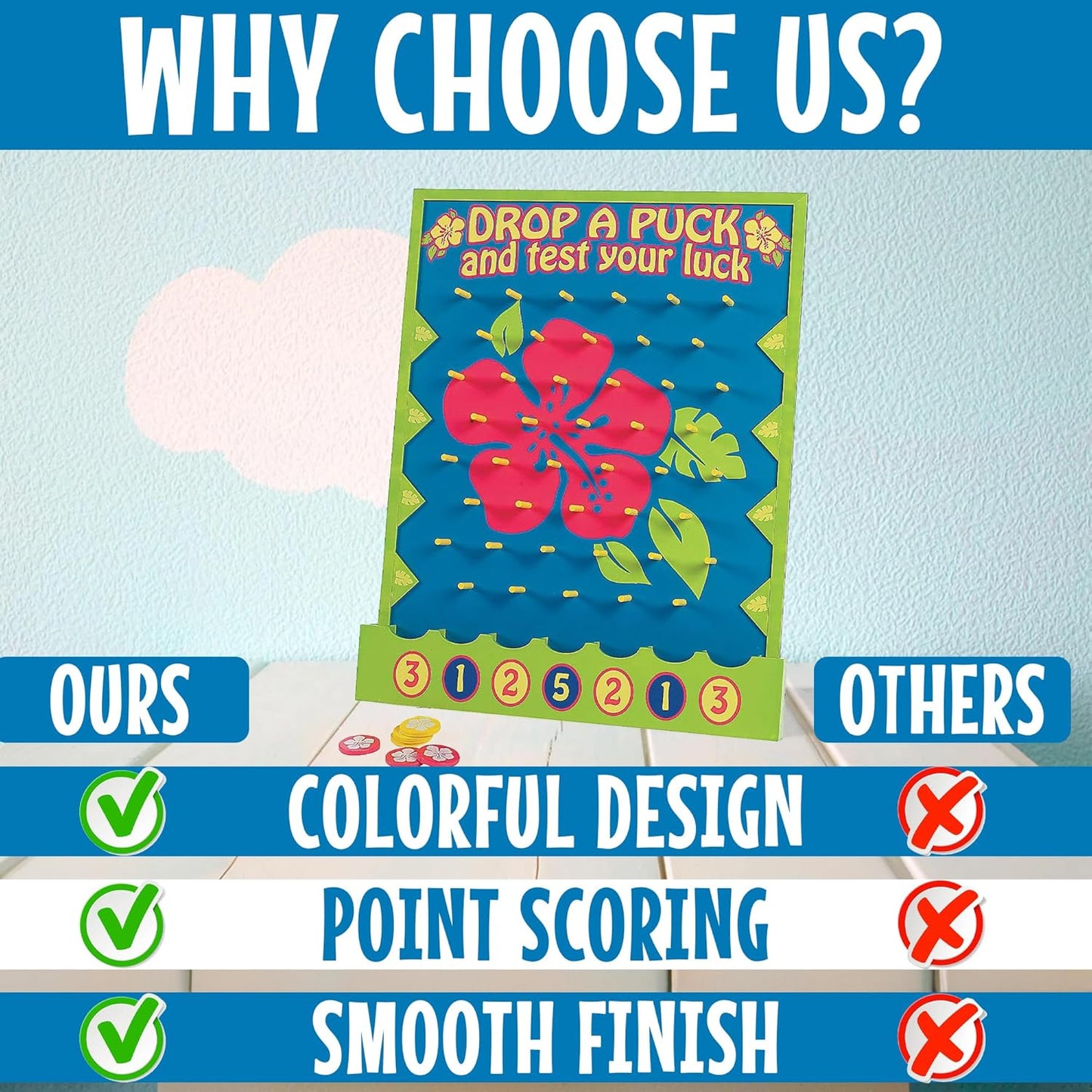 Fun Express 16" x 20" Tropical Luau Multicolor Wood Tabletop Disc Drop Game - 8 Pieces in Set - Great for Vacation Bible School, Birthday Parties and Luaus