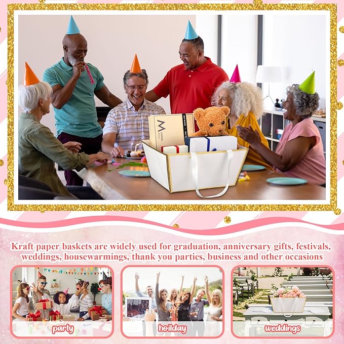 Pinkunn 48 Pcs Basket for Gifts Empty DIY Bulk Gift Basket Kit with Handles Kraft Cardboard Tray for Wedding Baby Shower Graduation Party Anniversary Party Display(White Gold)