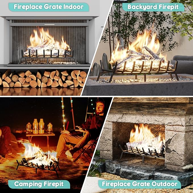 30-Inch Fireplace Grate, Heavy Duty 8-Bar Log Rack Holder Made of Solid Round Steel for Indoor/Outdoor Fire Pits, Wood Stoves & Kindling Tools