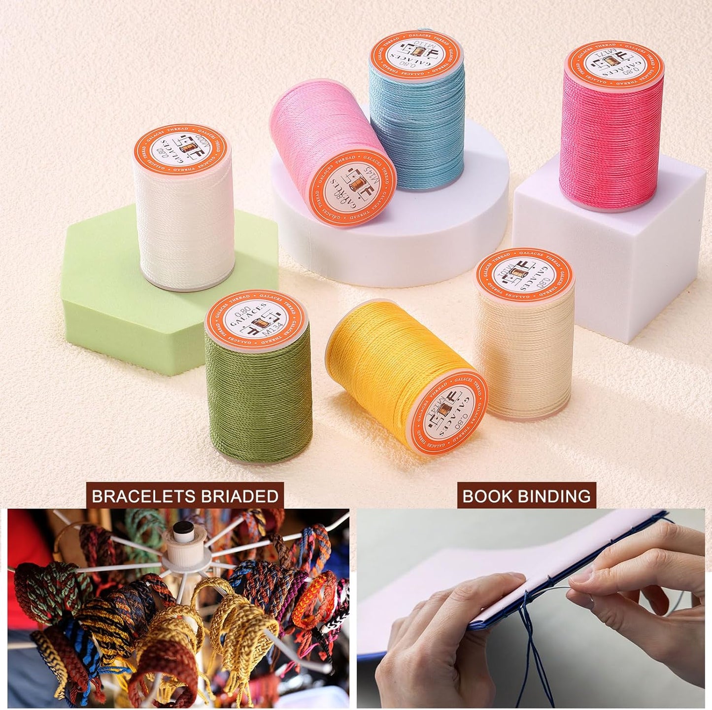 uxcell Round Leather Sewing Waxed Thread, 55m / 60 Yards Polyester Wax String, 0.80mm Wax Stitching Cord for Leather Crafts, Bookbinding, Bracelets Braided, Beige, 2pcs