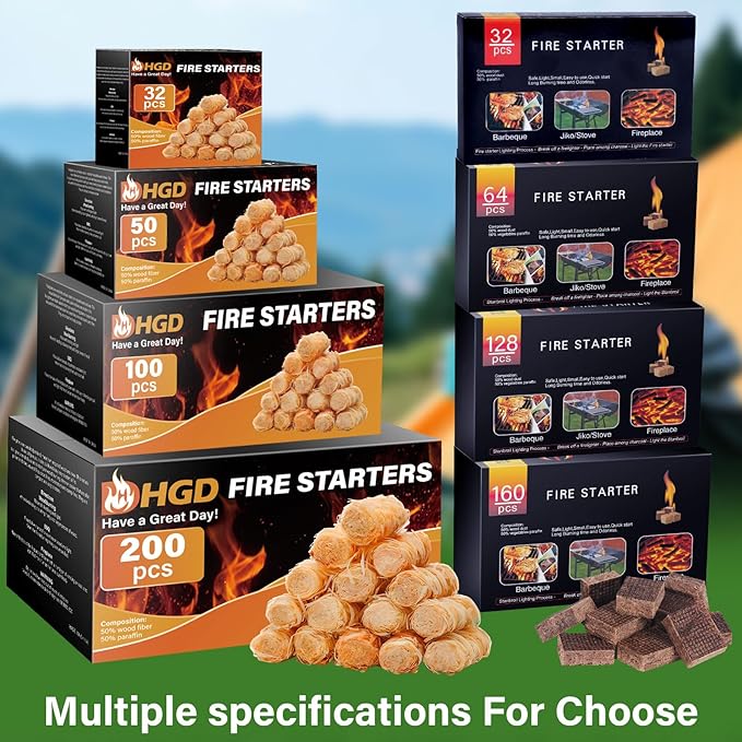 HGD Natural Fire Starters for Outdoor: 32 Cubes Fire Starter Campfire Fireplace Charcoal Wood Stove Chimney Fire Pit Grill Smoker Indoor Outdoor Use White