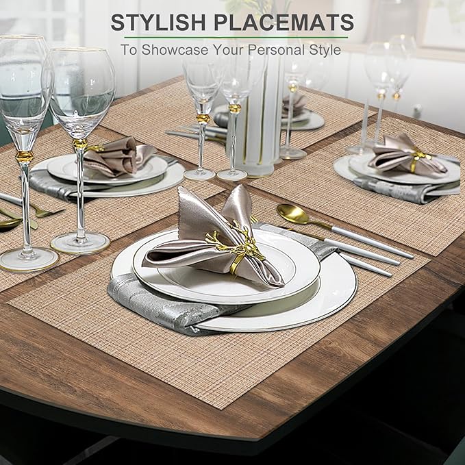 BETEAM Placemats Set of 6, Woven Vinyl Placemat for Dining Table Washable Wipeable Kitchen Place Mats Durable Indoor Outdoor Table Mats