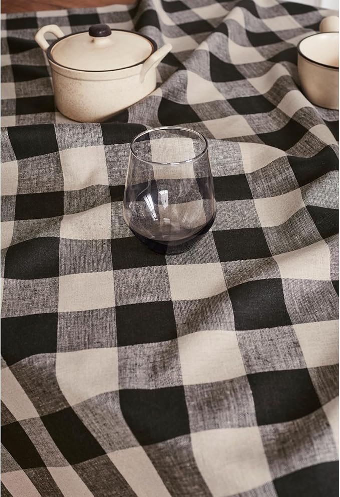 Solino Home Linen Checkered Table Runner 144 Inches Long - 100% Pure Linen Buffalo Check Natural and Black Table Runner 14 x 144 Inch Ideal for Dining, Spring