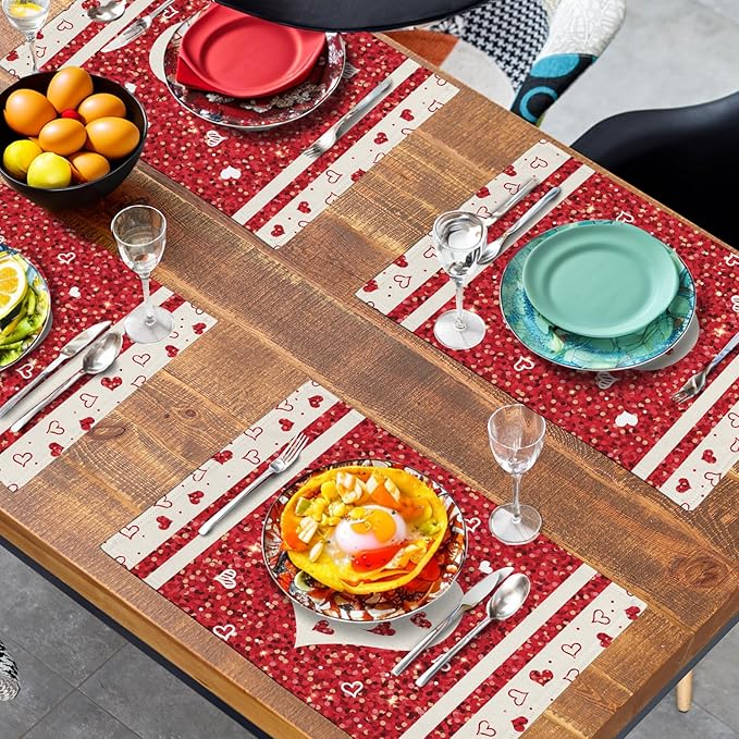 Valentine Hearts Placemats Set of 4, 12x18 Inch Red White Love Heart Linen Table Mats Romantic Wedding Heat Resistant Washable Place Mat for Party Kitchen Dining Outdoor Indoor Decor