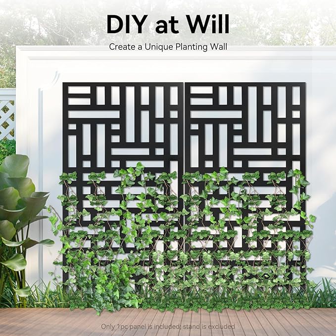 23.6x46 Inch Metal Privacy Screen Panel, Outdoor Decorative Privacy Fence Panel, Freestanding Modern Room Divider for Garden Patio Balcony Indoor Use – Laser Cut Design, Black