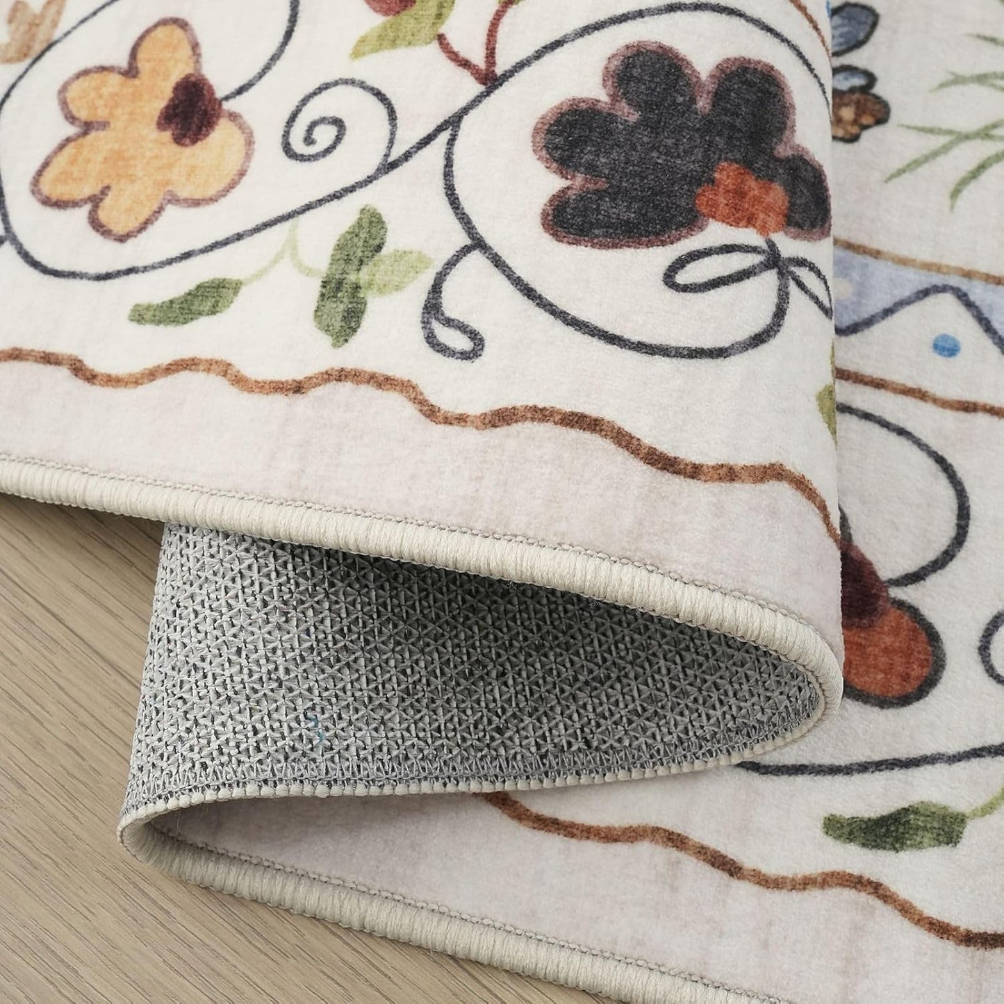 Rugcomf Living Room Rug 5x7 Rug Machine Washable Boho Area Rug Non Slip Floral Animal Cat Vintage Low Pile Large Rugs for Living Room Bedroom Farmhouse Dining Room Kids Playroom, Beige