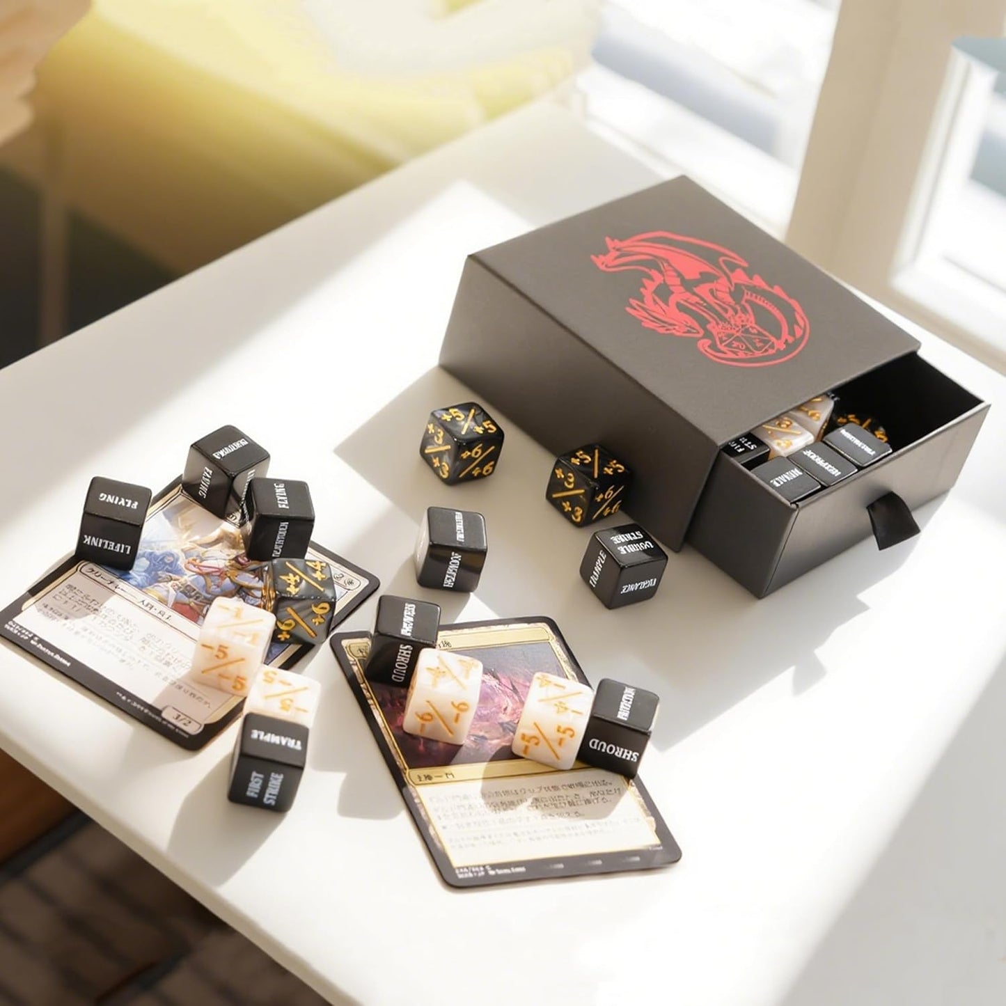 MTG dice Set with counters - 50 dice Including keyword, +1 to +6, -1 to -6 counters for Final Fantasy Magic The Gathering, Comes with Storage Box and Velvet Pouch(Text Version)