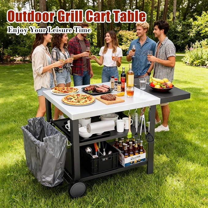 Outdoor Kitchen Island, Grill Cart with Drawer, Pizza Oven Stand, Movable 3-Shelf Prep Table with Side Table for Ninja Woodfire, Ooni Pizza Oven, Blackstone Griddle, Cuisinart, Cooking Station