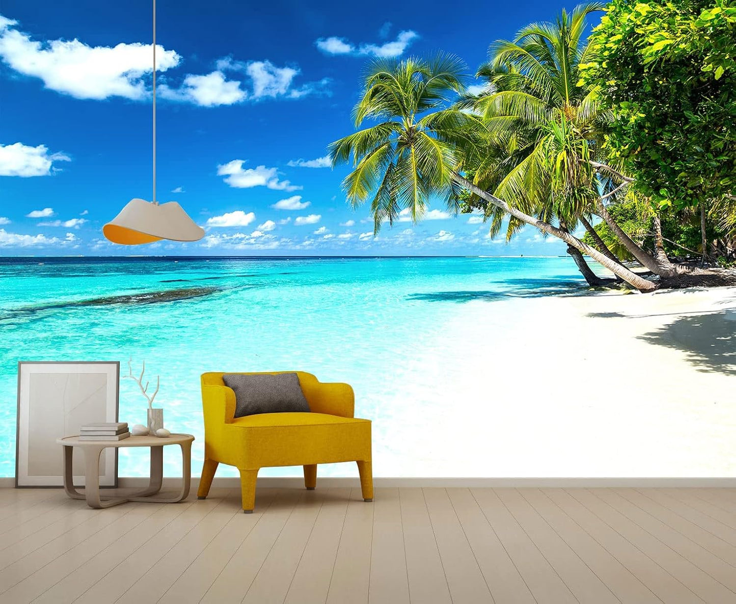 Palm Tree Wall Mural Tropic Paradise Beach Seascape Murals Wallpaper for Walls Bedroom Living Room Bedroom TV Background Kids Room Decoration(Not Peel and Stick)