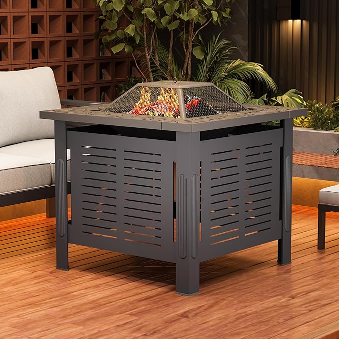 U-MAX Fire Pit Table, 30 Inch Wood Burning BBQ Grill Firepits, Metal Fireplaces with Waterproof Cover, 3 in 1 Fire Pits for Outside Party Barbecue Camping Picnic on Deck Backyard Garden, Black