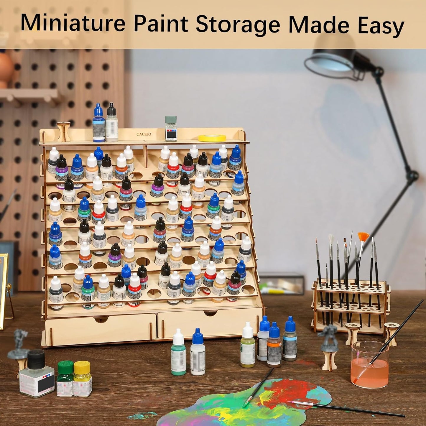 Paint Organizer with Brush Holder – 105-Bottle Holder with 6 Miniature Stands – Brush and Paint Storage for Miniature Painting