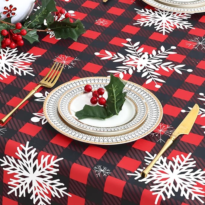 misaya Rectangle Waterproof Vinyl Table Cloth, Wipeable Tablecloth with Flannel Backing, Plastic Table Cover for Dinner, Christmas Party (Red & Black, 60" x 102")