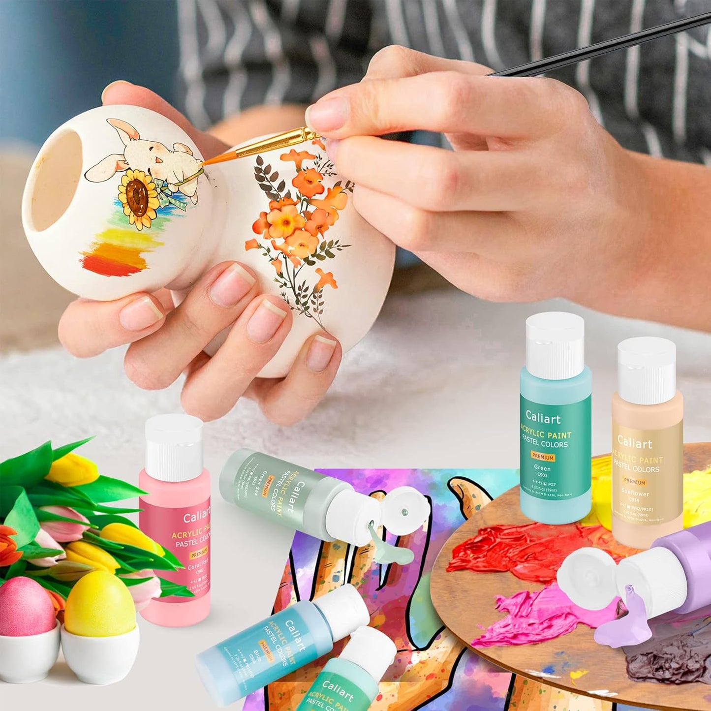 Caliart Acrylic Paint Set with 12 Brushes, 36 Pastel Colors (59ml, 2oz) Art Craft Paint for Artists Adults Beginners Painters, Canvas Ceramic Wood Fabric Rock Painting Supplies Kit