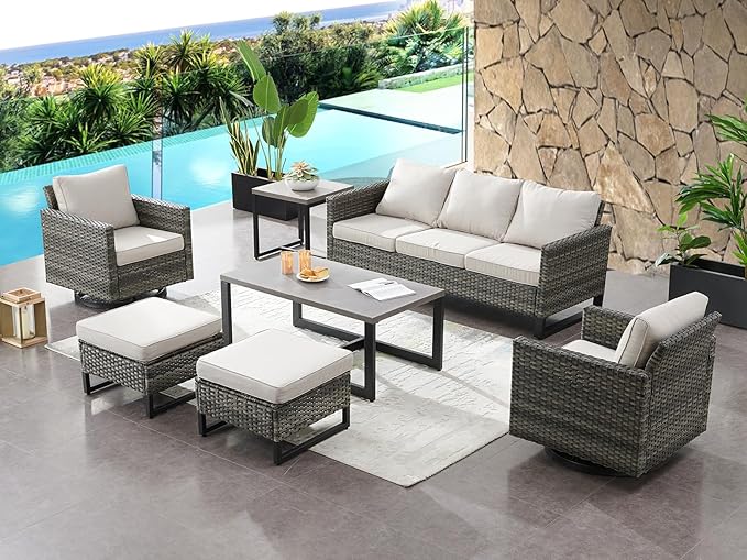 HUMMUH Outdoor Ottomans for Patio Set of 2 PE Wicker Outdoor Footstool with Removable Weather-Resistant Cushions for Patio, Backyard