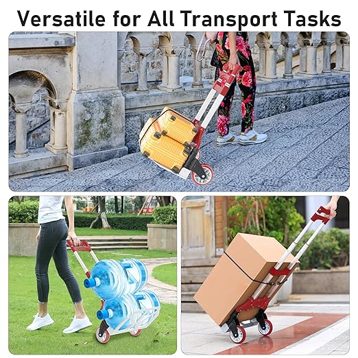 Folding Hand Truck - Aluminum Portable Dolly Cart with Telescopic Handle, Bungee Cord - Compact Lightweight Foldable Luggage Cart for Moving, Home, Auto, 180lbs, Red