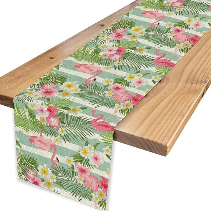 Tropical Flamingo Table Runner,Green White Stripes Palm Leaves Floral Hawaii Seasonal Holiday Celebration Kitchen Dining Table Decoration for Home Party Decor, 13"x108"