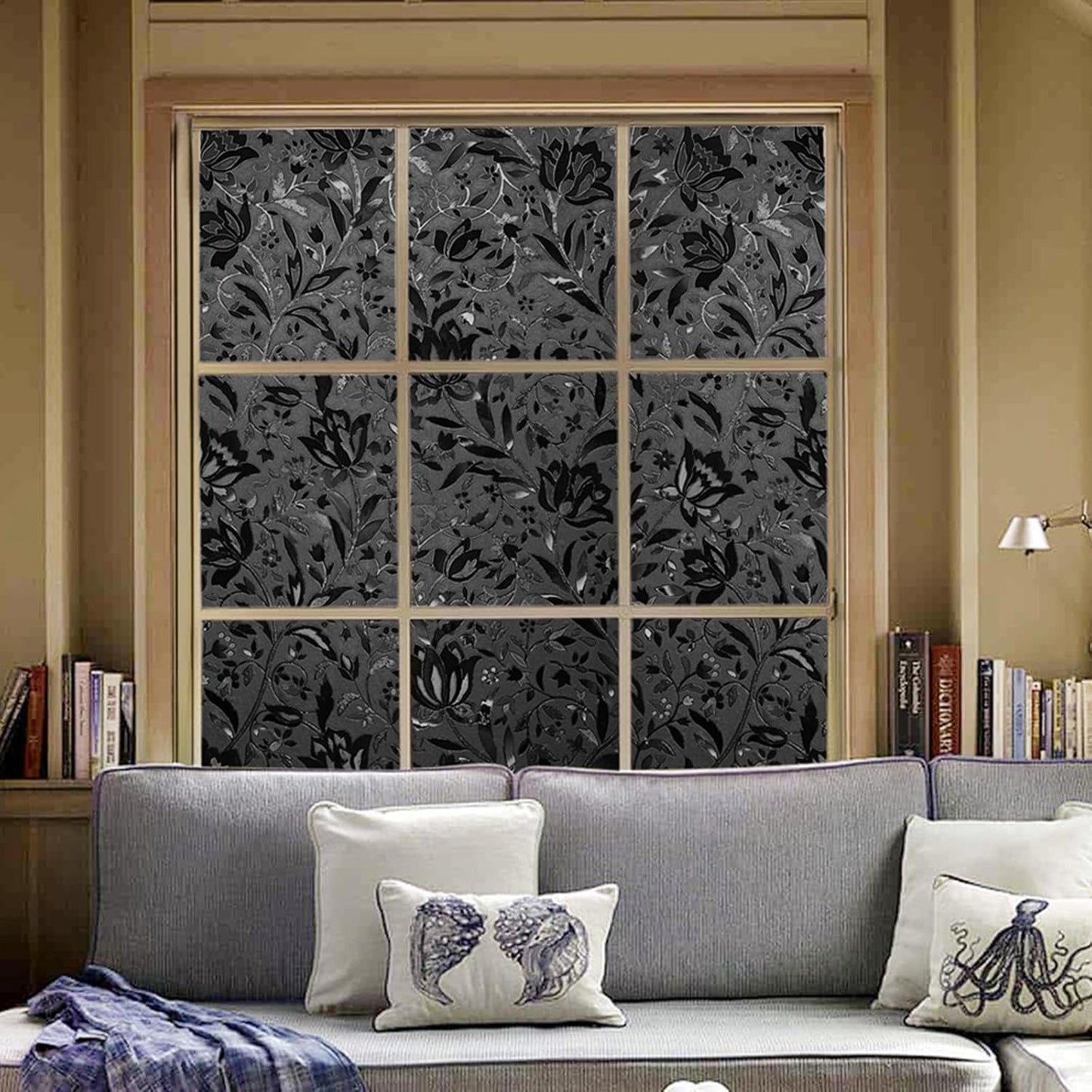 LEMON CLOUD Total Blackout Window Film Privacy Static Cling Frosted Black Window Covering 100% Opaque Film Tint Darkening Removable Film for High Privacy,(Blackout Tulip Design,35.4 x78.7 inches)