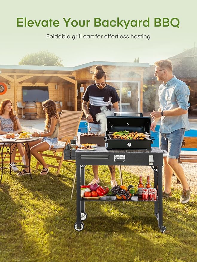 Grill Cart, Portable Outdoor Grill Table for Blackstone Griddle, Foldable Cart Table with Wheels, Griddle Stand with Paper Towel Holder, BBQ Prep Tables with Seasoning Tray