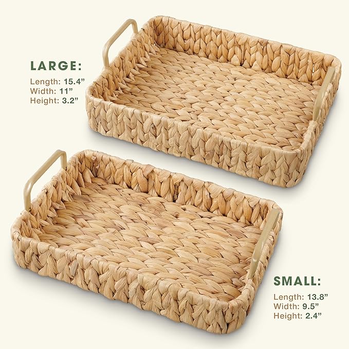 Set of 2 Rectangular Wicker Trays with Handles - Decorative Trays for Coffee Table, Ottoman, Dining Room, Living Room (Natural)