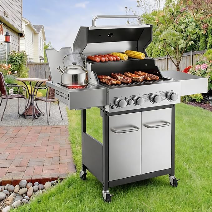 Veralune 4 Burner Gas Grill with Infrared Side Burner, Porcelain-Enameled Cast Iron Grates and Lockable Wheels, 55,000 BTU Output Stainless Steel Propane Grill for Backyard, Patio, Garden Cooking