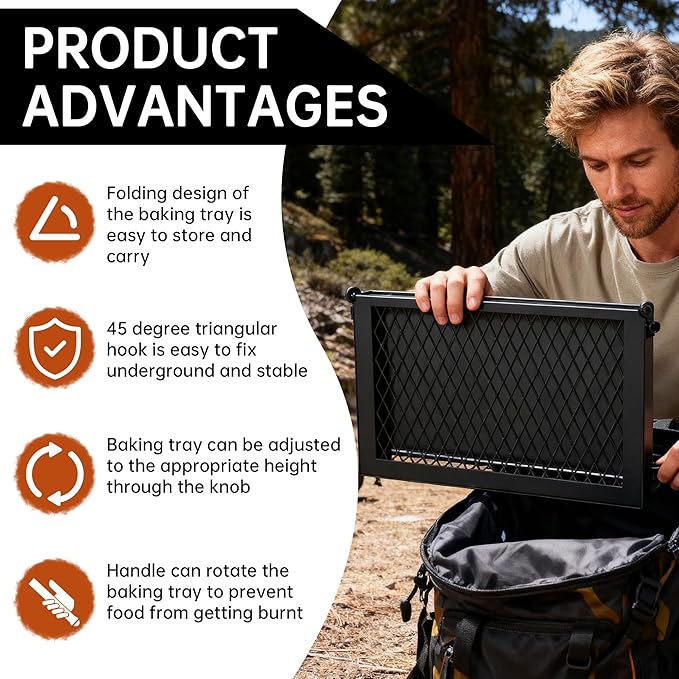 Folding Campfire Grill grate, Compact Height-Adjustable Fire Pit Grilling Grate, Heavy Duty Swivel Over Fire Cooking Grate with Handbag for Outdoor Camping Hiking Backpacking and Family Gatherings