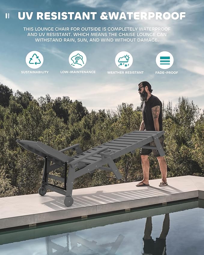 SERWALL Patio Chaise Lounge Chair Set of 4, 5 Positions Adjustable Poly Outdoor Lounger for Pool, HDPE Lounge Chair with Rolling Wheels & Cup Holder for Poolside, Deck, Slate Gray