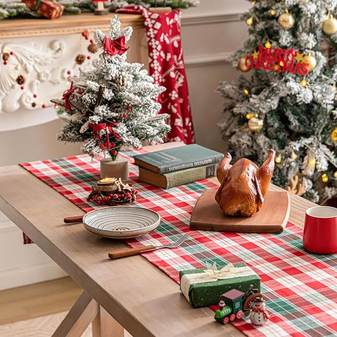 Red Gold Plaid Christmas Table Runner, Winter Holiday Table Runners 90 inches Long, Xmas Decorations Indoor Outdoor Farmhouse Home Kitchen Dining Party Decor