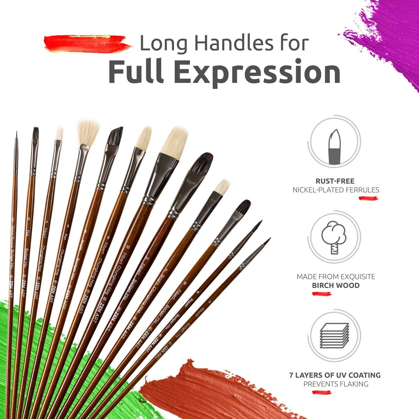 ZenART Oil & Acrylic Paint Brushes โ 14pc Professional Set of Chungking Hog, & Badger/Japanese Synthetic Bristles incl Filbert, Flat, Rigger & more โ Travel Pouch, Long Birchwood Handles, No Shedding