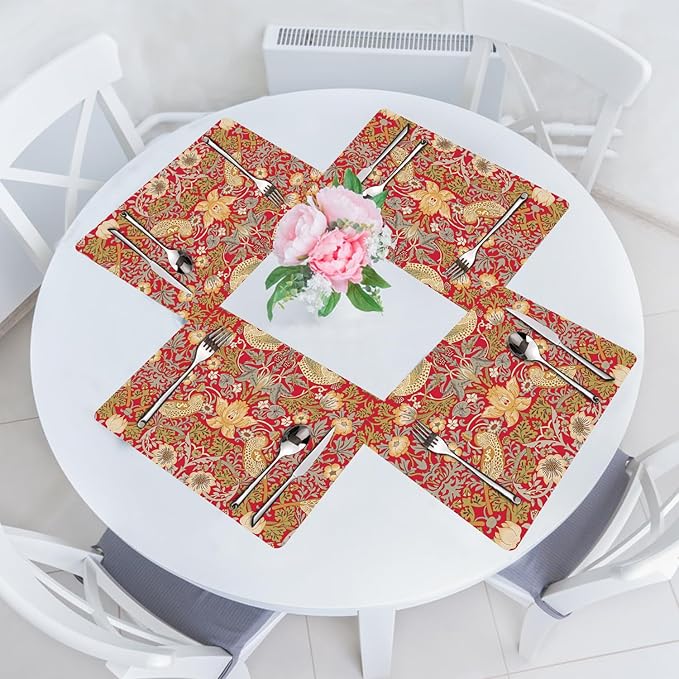 Strawberry Thief Red Placemats - Placemats Set of 4 Faux Leather Heat Resistant for Dinner Table, Non-Slip Waterproof Oil-Proof Washable Reusable Placemat for Indoor Outdoor Kitchen