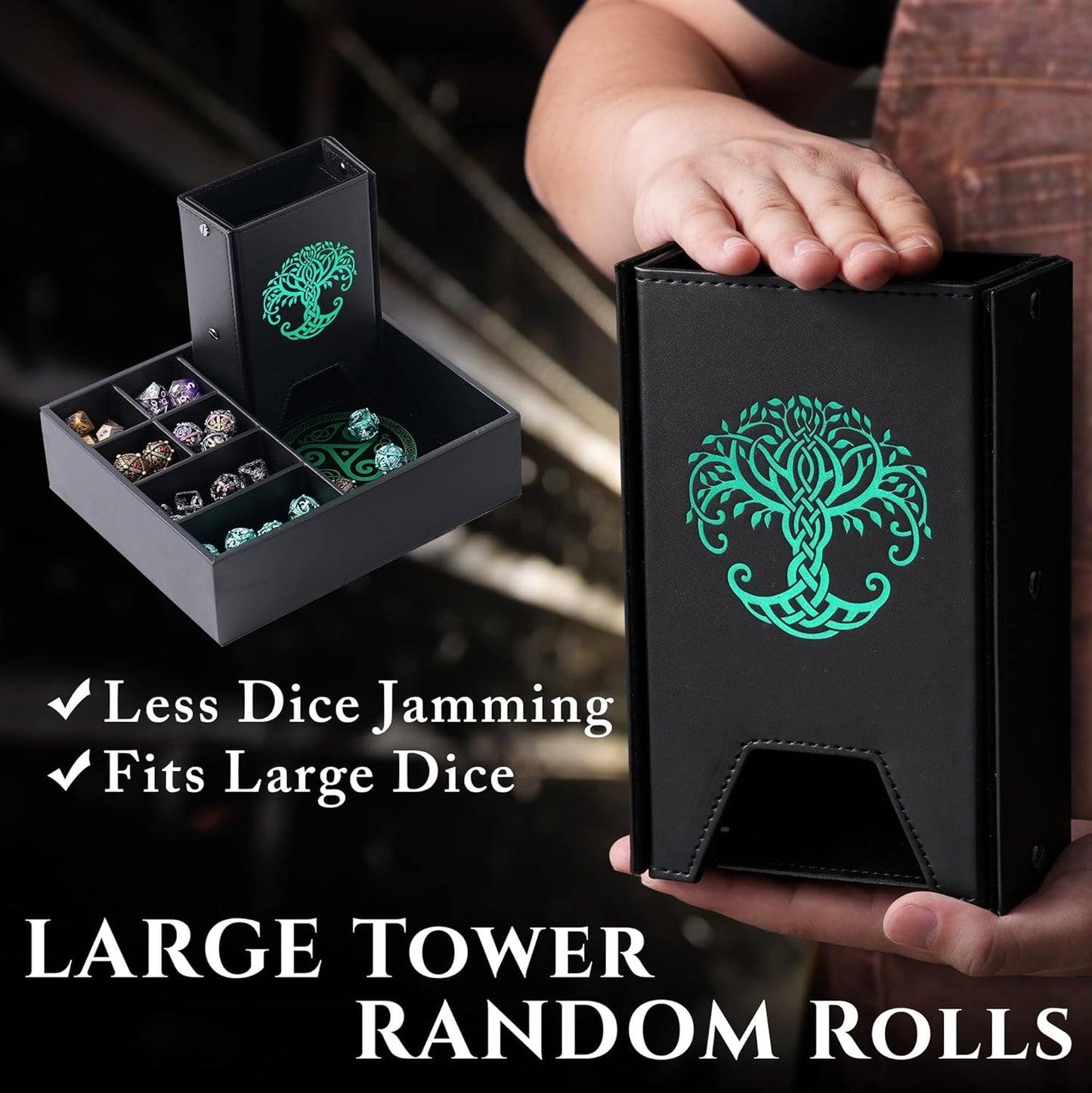 Dice Tray and Dice Tower for DND and RPG - All-in-One Game Roamer Tray & Large Tower for Random Rolls - Stores Your Sets, Mini's and More Compatible with D&D (Green Tree)