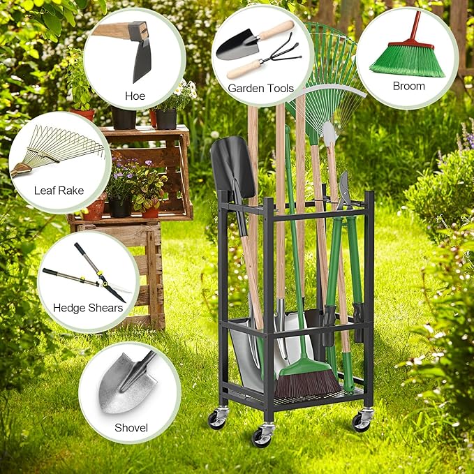 Garden Tool Organizer, Metal Yard Tool Tower Rack for Garage Organization and Storage, Heavy Duty Garden Tool Organizer for Yard, Patio, Shed, Indoors and Outdoors(Black)