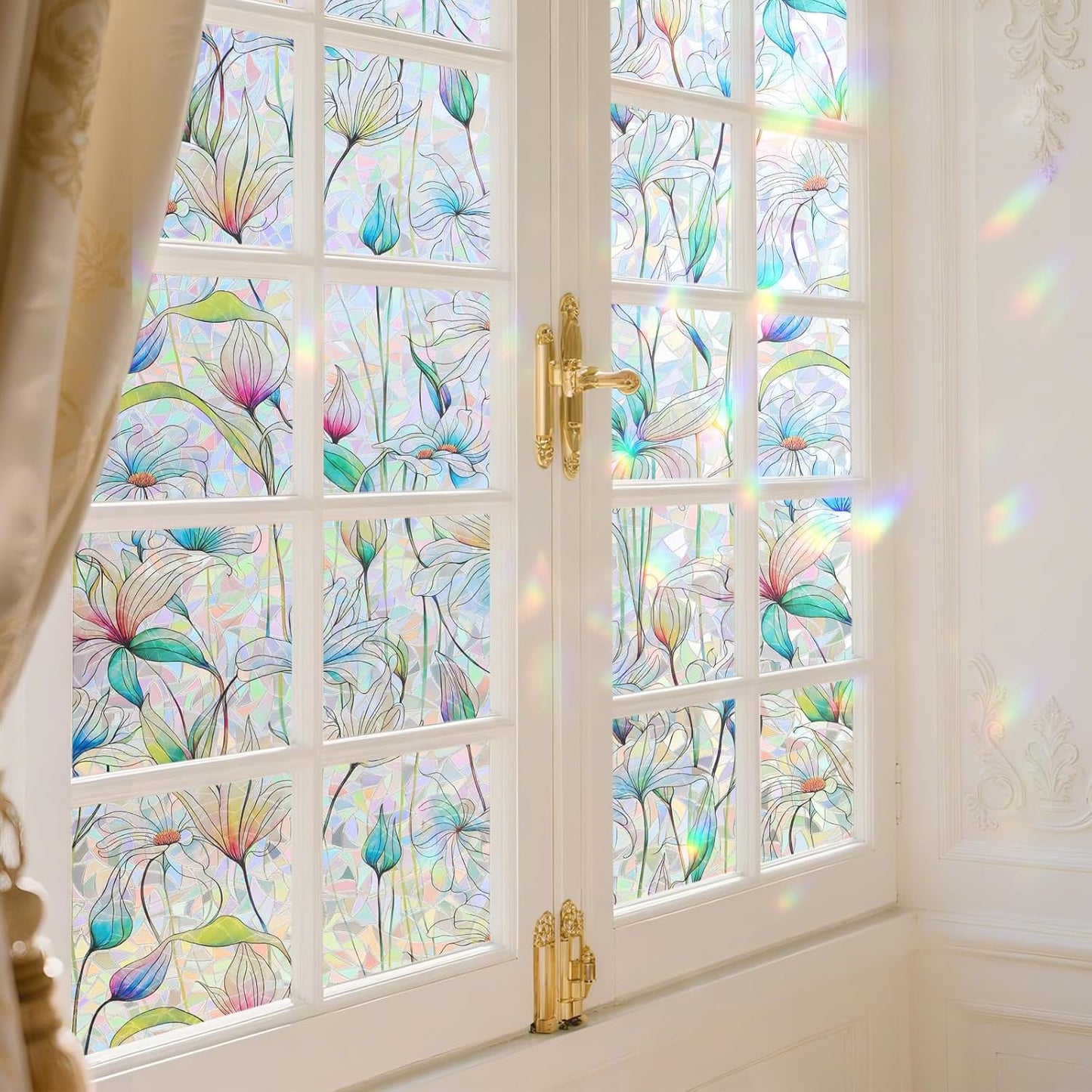 Donox Decorative Window Privacy Film, 3D Floral Stained Glass Window Film Static Cling Rainbow Privacy Sticker for Glass Door Heat Control Anti UV, No Adhesive (Magnolia,35.4 x 157.4 inches)