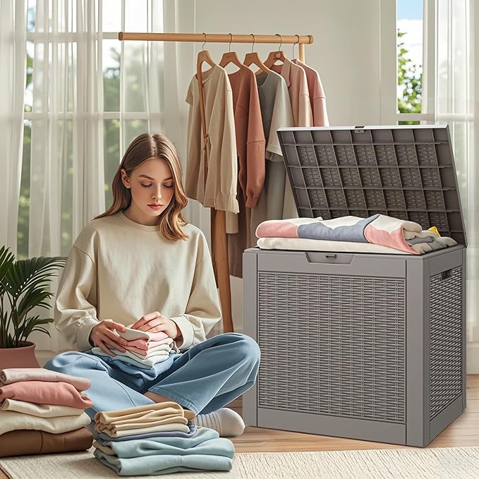 30 Gallon Outdoor Storage Deck Box Waterproof,Garden Tool,Backyard Cushion,Poolside Storage,Small Delivery Boxes for Outside,Lockable Lid,Rattan Grey